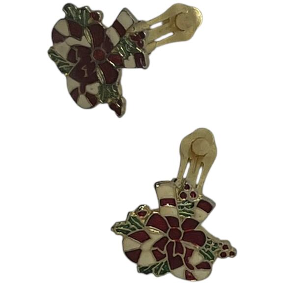 Vintage Christmas Candy Cane Earrings Festive Enamel Clip-On Holiday Jewelry Set - Picture 14 of 14